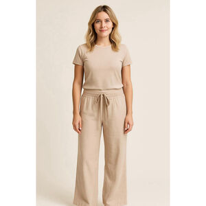 Women's Royal Blue Wide Leg 100% Linen Pants Beige Lg Minimalist Coastal Cowgirl